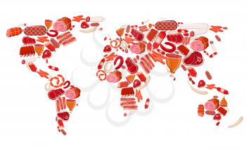 Meat, beef and pork sausages vector world map of meat food. Raw chicken and turkey sausages, ham, bacon slices and salami, barbecue steaks, lamb legs and bbq ribs, prosciutto and jamon delicatessen