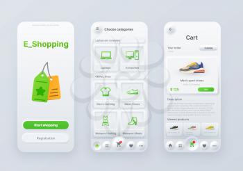Neomorphic goods shopping and order application interface. Mobile app screens with buttons, internet store web design vector mockup with purchase categories and buttons, UI elements, digital design