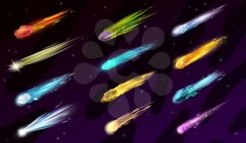 Cartoon space comets, asteroids, meteors, meteorites game asset. Falling glowing fireballs with flame trail on starry sky background. Vector set of flying burning cosmic objects, ui design elements