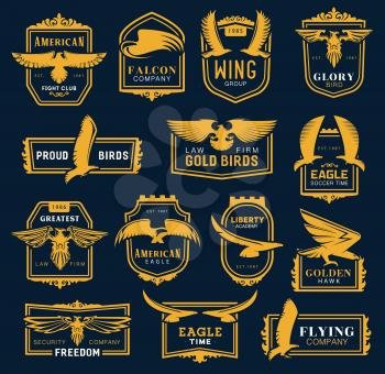 Heraldic golden eagle and hawk icons, business corporate identity signs. Vector hawk and eagle head and wings heraldry, aviation academy, fight club and soccer league, law and security brand symbol