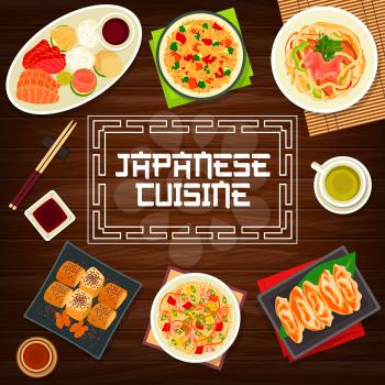 Japanese food, Asian cuisine dishes and lunch meals, vector restaurant dinner menu cover. Japanese cuisine traditional udon noodles, seafood rice, salmon and tuna sashimi with omelette rolls and eel