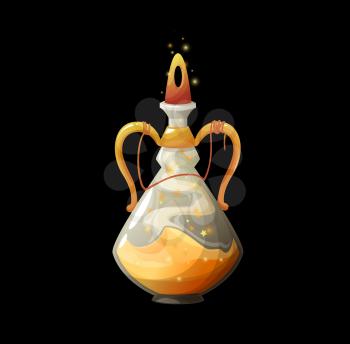 Cartoon potion bottle with golden dust, vector magic elixir in glass flask with sparkling stars and glowing bung. Wizard fairy spell in jar, gui design element, isolated witch poison, alchemy object