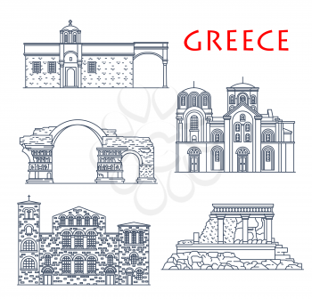 Greece architecture, antique Greek buildings, vector travel landmarks. Panagia Chalkeon and St Demetrius church in Thessaloniki, Vlatades monastery, Knossos palace in Crete and Emperor Galerius Arch