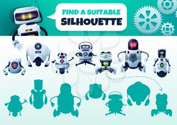 Robot maze game find a correct silhouette. Kids shadow match vector riddle with cyborgs. Children logic test with cartoon androids and artificial intelligence bots characters. Educational baby task