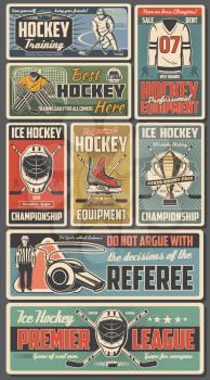 Ice hockey sport players with sticks, pucks, skates and championship trophy cup on rink vector design. Sport team uniform jersey, hockey arena and referee whistle, goalie helmet, mask and goal gate
