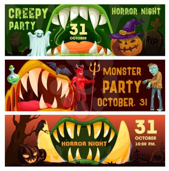 Creepy party, horror night vector flyers with monster mouths and Halloween characters zombie, devil, ghost, bats and pumpkins. Night event invitation cards with open toothy jaws cartoon banners set