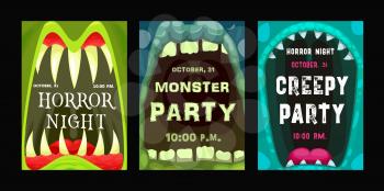 Halloween party vector flyers with monster mouth, cartoon invitation posters with open zombie or alien toothy jaws with sharp teeth and tongues. Happy Halloween horror night event invite cards set