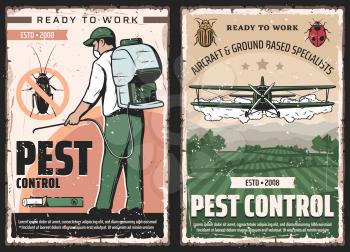 Pest control vector design of insect and bug protection service. Exterminator with insecticide or pesticide sprayer and cockroach chalk, agricultural aircraft dusting crop, colorado beetle and ladybug