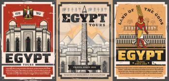 Ancient Egypt travel trips and landmarks sightseeing tours retro vintage posters. Vector ancient Egypt city and culture tourism, Giza pharaoh pyramids and Cairo mosques architecture