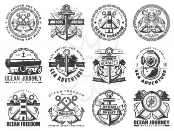 Sea travel ship and nautical anchor vector icons with sail boat ropes, chains and marine compasses, lighthouse, vintage diving helmet and naval cannon. Navy heraldic badges of ocean journey, adventure