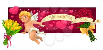 Valentine day vector banner with hearts, flowers and cupid angel holding greeting wish on paper scroll. 14 February Valentines love holiday hearts, red roses and tulips bunch with sparkling stars