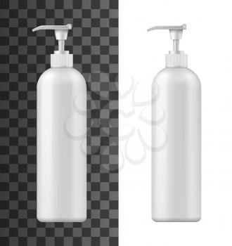 Bottle with pump dispenser 3d vector mockups of white plastic cosmetic containers. Realistic templates of packaging for shampoo, liquid soap or shower gel, hand cream, body lotion or bath foam