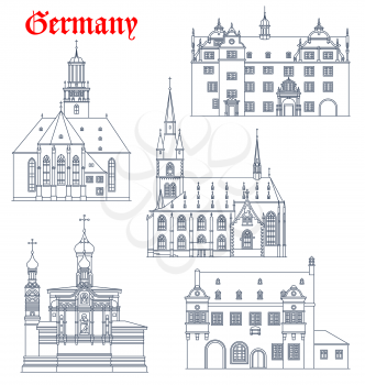 Germany landmarks architecture, German Darmstadt buildings of churches and cathedrals, vector icons. Germany orthodox St Maria Magdalena and Saint Valentin kirche, Rathause town hall in Kiedrich
