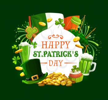 Patricks day round frame with Irish holiday symbols. Vector Ireland flag, gold coins, green fireworks and shamrock clover, bagpipe and macaroons, cupcake and ale beer, leprechauns hat and cookies