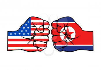 North Korea vs USA, military conflict fist punch. Vector America and North Korea flags on hands symbols, confrontation crisis, government politics and nuclear war aggression