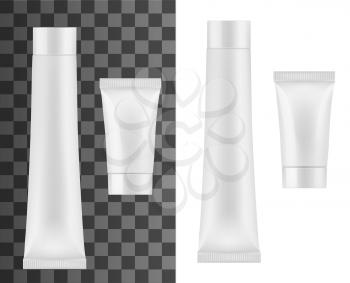 Tube for cream, cosmetics or toothpaste isolated vector mockup. White plastic container with screw cap. Small and big cosmetic moisturizing cream tubes, medical ointment package, realistic 3d mock up