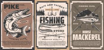 Fishing club and tackle shop poster. Northern pike with open maw, sea or river eel and atlantic horse mackerel, rods, treble fishhook and float vector. Fishing equipment store retro banner