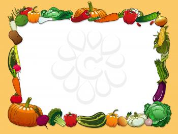 Vegetables vector frame with farm and garden fresh food. Pepper, carrot, tomato and garlic, radish, onion, cabbage and asparagus, broccoli, cauliflower, eggplant and pumpkin, pea and corn border