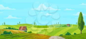 Farm on nature rural vector background with green field, houses or barns under blue cloudy sky. Farming, cartoon countryside farmland tranquil summer time landscape with meadow, trees and fence