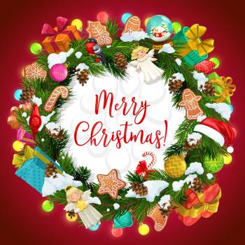 Christmas winter holiday wreath with Xmas tree, gifts and snow vector design. Festive frame of present boxes, Santa hat and ribbon bows, candies, gingerbread and balls, snowflakes, lights and angel