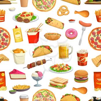 Fast food pattern, seamless background, vector hamburgers, pizza and burger sandwiches. Fastfood, menu hot dog, fries, drinks and snacks, ice cream, donut, burrito and noodles pattern background