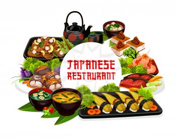 Japanese traditional cuisine dishes and food meals. Vector Japanese nigiri sushi, meat and tofu steak with kakitama egg jira soup, fried pacific salmon with soy sauce and wakame udon noodles