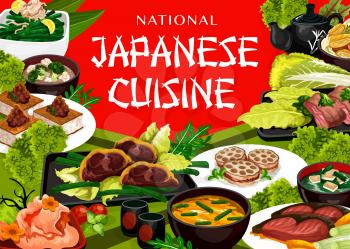 Japanese cuisine food, vector restaurant menu with traditional dishes of Japan. Japanese national meals, dinner and lunch, sushi and seafood, fish and meat, soups, salads and drinks