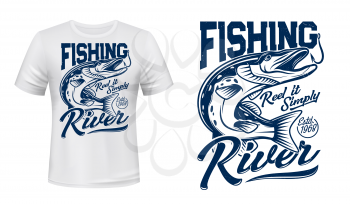 Pike fish t-shirt print vector mockup. Huge pike fish opens a jaws to catch fishhook or bait and typography. River fishing hobby or sport apparel, clothing custom print design