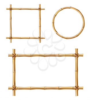 Bamboo frames, isolated vector borders made of wooden brown bamboo sticks tied with ropes of square, rectangular and round shapes. Japanese style realistic 3d empty frames for banners or photos