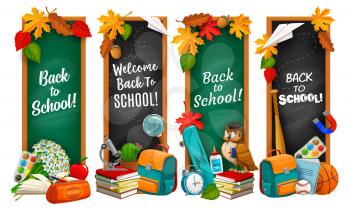 Back to school education banners, isolated vector chalkboards with typography. Green and black blackboards with school learning stuff. Student bag, sport ball and microscope, teacher owl, fall leaves