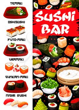 Sushi bar menu cover vector template. Japanese cuisine restaurant meals with fish, shrimps and caviar. Temaki, oshisuhi and futo-maki, uramaki, gunkan and nigiri sushi, wasabi, pickled ginger vector