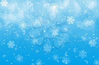 Snow and snowflakes on blue background, vector Christmas or Xmas holidays. Winter snowfall effect of falling white snow flakes and shining cold ice, New Year snowstorm or blizzard realistic backdrop