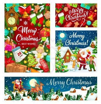 Santa and snowman with Christmas tree and gifts vector design of Xmas and New Year. Present boxes, bells and calendar, candy canes, gingerbread and snow, stars, balls and reindeer sledge, elf and sock