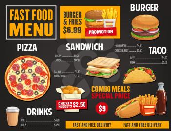 Fast food menu vector template, takeaway dishes pizza salami and margherita, sandwich with bacon and cheese. Cartoon menu combo meals chicken nuggets, burger and taco with drinks, junk food dishes
