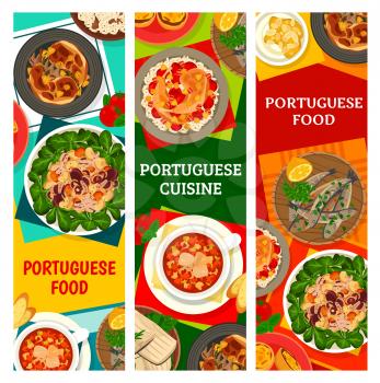 Portuguese cuisine meals, restaurant dishes banners. Octopus salad, custard tarts and grilled sardines, chicken with Piri Piri sauce, fried rabbit and cream from heaven dessert, salted cod vector