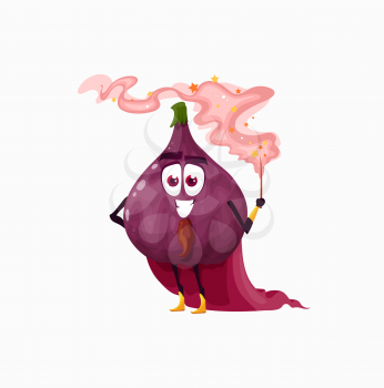 Common fig magician cartoon character with magic wand and cape isolated cute emoticon with beard. Vector sycamore fig exotic magician, cute kawaii fruit sorcerer ficus carica cluster, nutrition snack