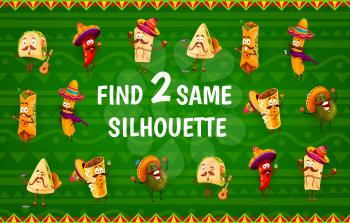 Find two same silhouettes kids game with mexican food characters. Child playing activity with matching task. Children cartoon vector quiz, puzzle with tacos, burrito and nachos, avocado, chilli pepper