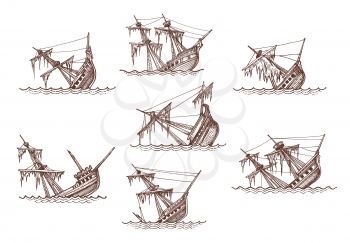 Sunken sailing brigantine, brig, corvette and frigate ship sketches, shipwreck vector vintage map elements. Isolated broken sailing ships or sailboats with sea waves, damaged sails and masts