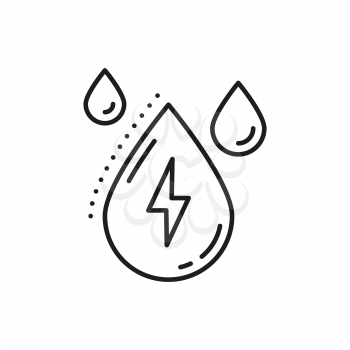 Lighting bolt and rain drops isolated natural energy sources thin line icon. Vector rainy weather, eco friendly clean and green energy objects. Weather forecast outline meteorology thunderstorm symbol