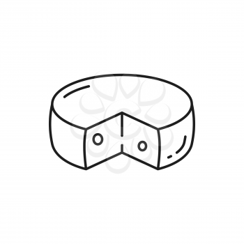 Swiss round cheese isolated dairy food thin line icon. Vector whole head of cheese with cut triangle, portuguese snack. Traditional italian or french circle, holland appetizer snack. Dietary food