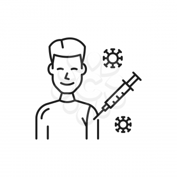 Vaccination thin line icon, injection in shoulder, coronavirus prevention thin line icon. Vector vaccine against corona, health care. Patient with needle inject, virus immunity shot, illness therapy