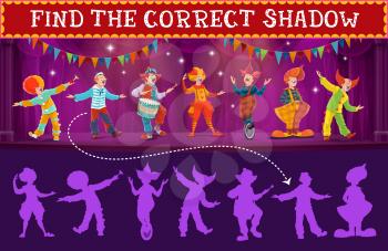 Cartoon circus clowns. Find shadow kids game or puzzle. Vector education maze, riddle or attention test with matching silhouettes of circus clowns or shapito jesters with red nose and wigs