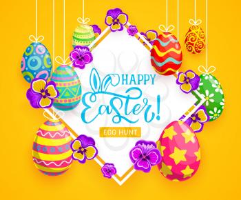 Easter egg hunt vector greeting card of hanging Easter eggs with painted ornaments and bunny or rabbit ears, blooming pansies and ribbons. Religion holiday gifts and floral decorations