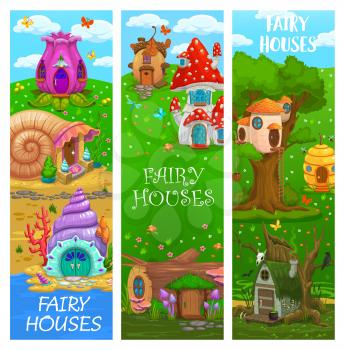 Cartoon fairy houses and dwellings, vector banners with dwarfs and gnome huts. Kids fairy tale dwarfs or elf homes in tree stump, mushroom and flower, witch house on swamp and in seashell