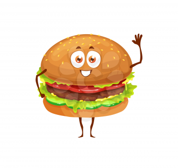 Cartoon funny fast food hamburger character. Vector fastfood meal mascot, happy burger emoji, beefburger with meat and vegetables waving hand. Junk meal character isolated on white