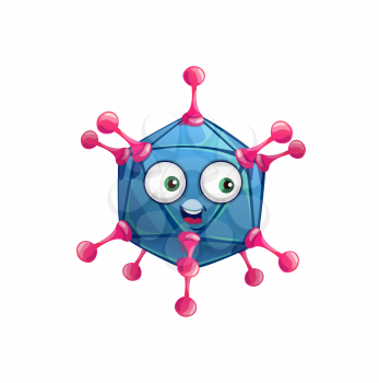 Cartoon adenovirus cell vector icon, virus, bacteria or germ character with smiling face. Pathogen microbe monster with big wide open eyes, isolated blue cell of polyhedron shape