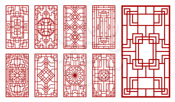 Asian window and door ornaments. Korean, chinese and japanese patterns. Oriental vintage vector wall or interior decorations with endless knot lattice or grid, floral and line rectangular ornaments