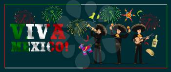 Mexican holiday mariachi with fiesta party food, Viva Mexico vector banner. Musician cartoon characters in sombrero hats playing guitar, maracas and trumpet, pinata, tequila, red chilli peppers