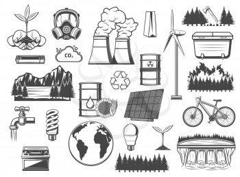 Environment, green energy, pollution and power vector icons. Energy and nature protection monochrome icons. Save earth, nuclear power station, solar energy, ecology conservation and air pollution