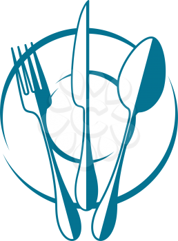 Knife, folk and spoon on plate isolated table setting. Vector kitchen utensils, cutlery logo